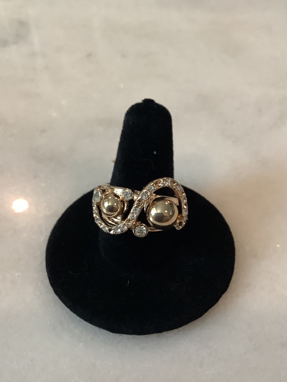 Gold-Tone Crystal Accent Double Sphere Ring, Brand New